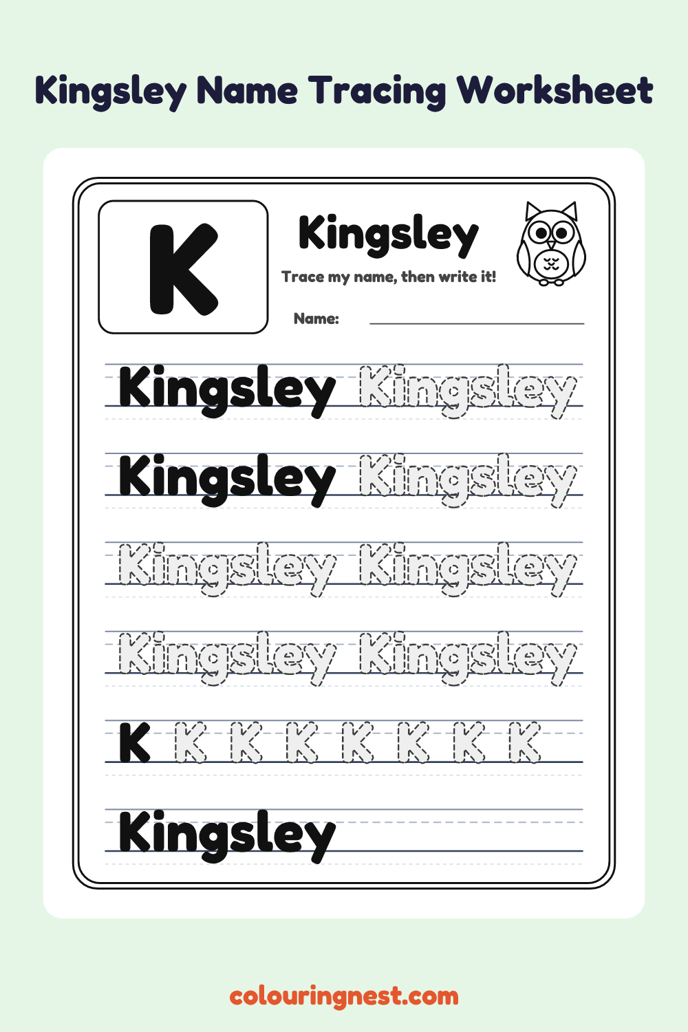 Kingsley Name Tracing Worksheet: free printable black-and-white line art