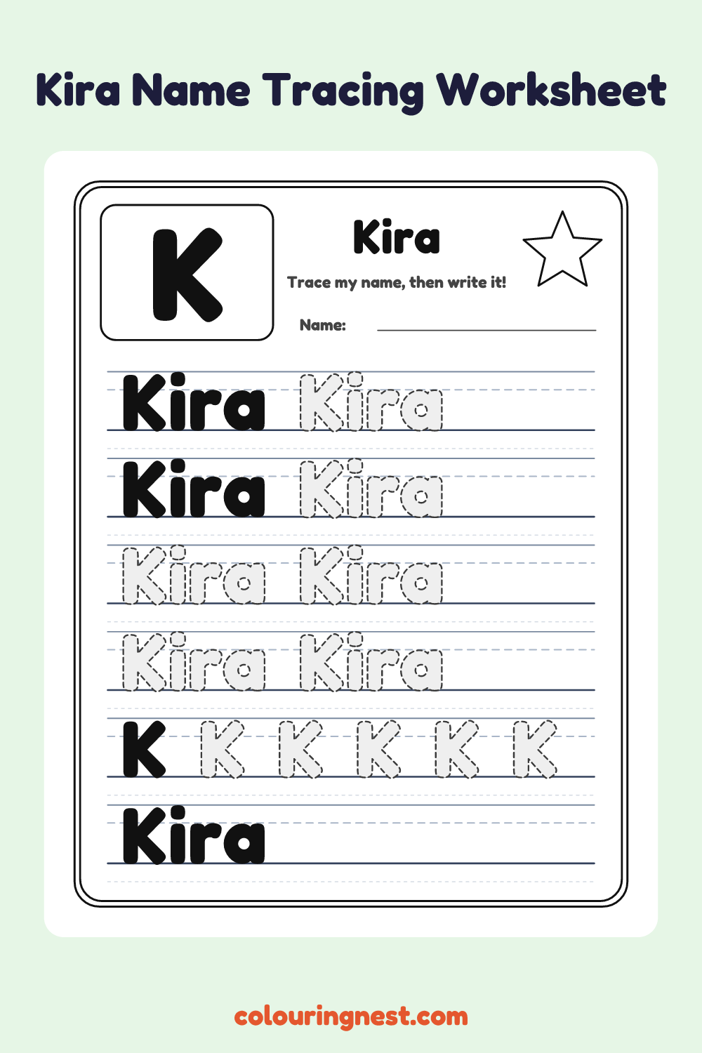 Kira Name Tracing Worksheet: free printable black-and-white line art