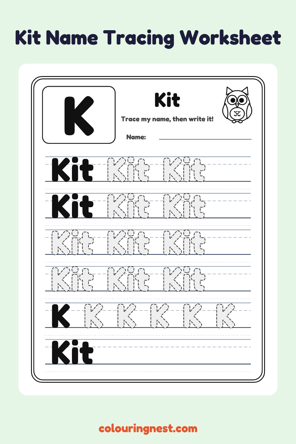 Kit Name Tracing Worksheet: free printable black-and-white line art