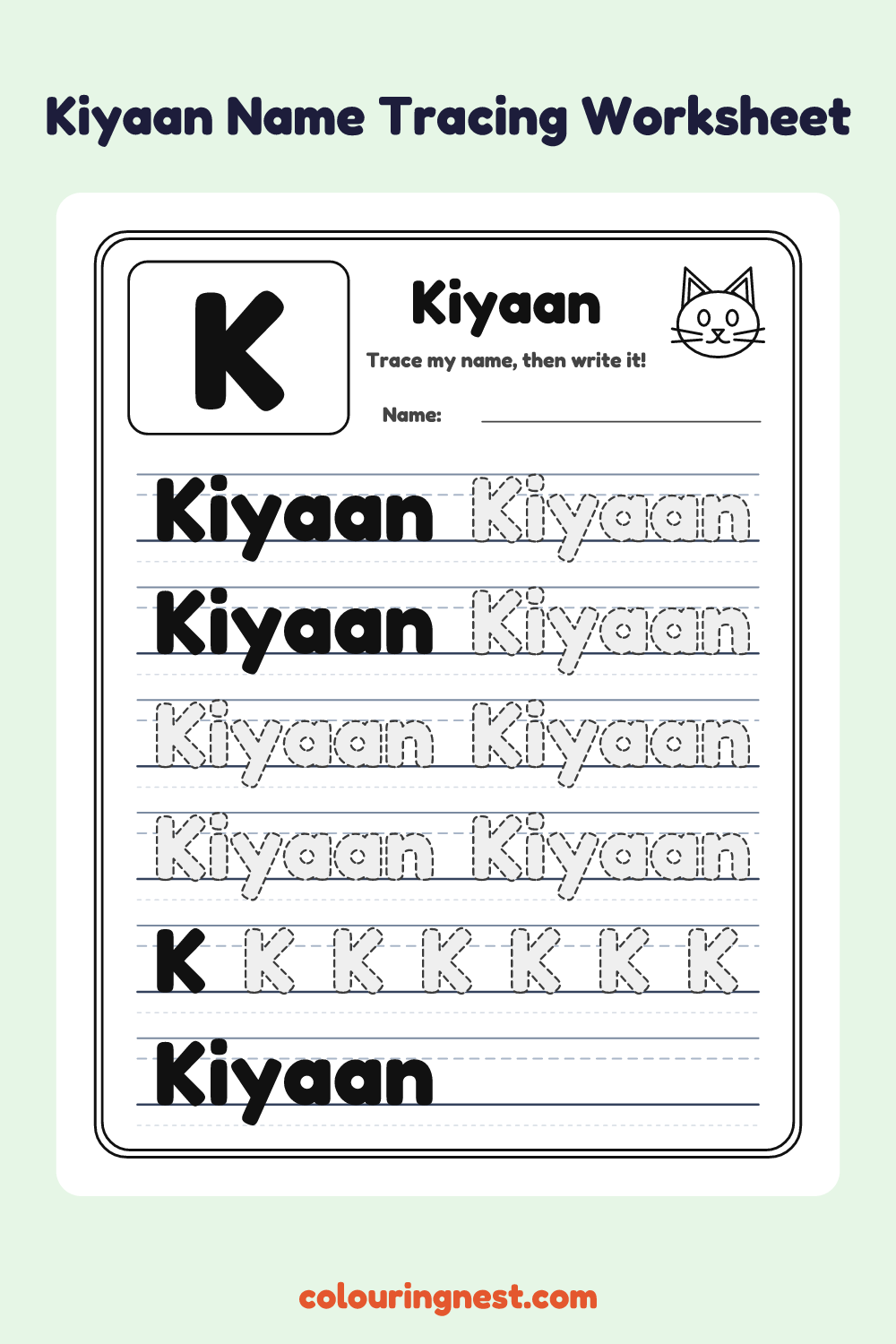 Kiyaan Name Tracing Worksheet: free printable black-and-white line art