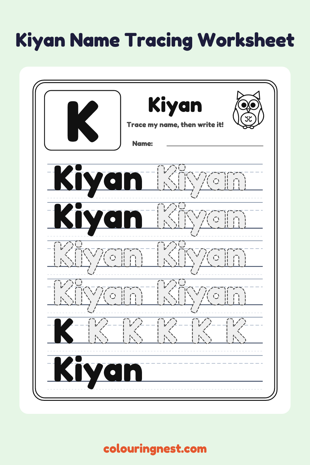 Kiyan Name Tracing Worksheet: free printable black-and-white line art
