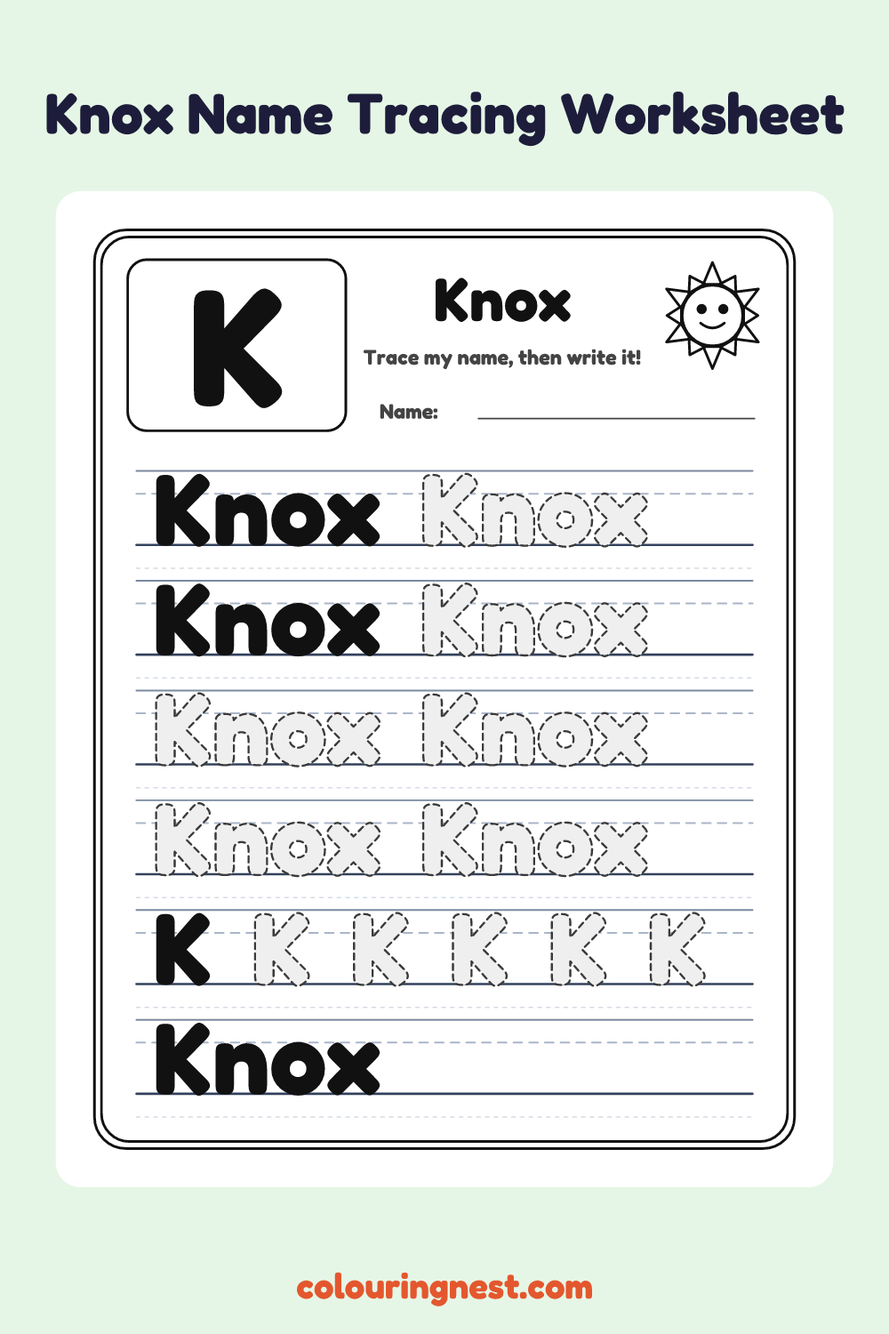 Knox Name Tracing Worksheet: free printable black-and-white line art