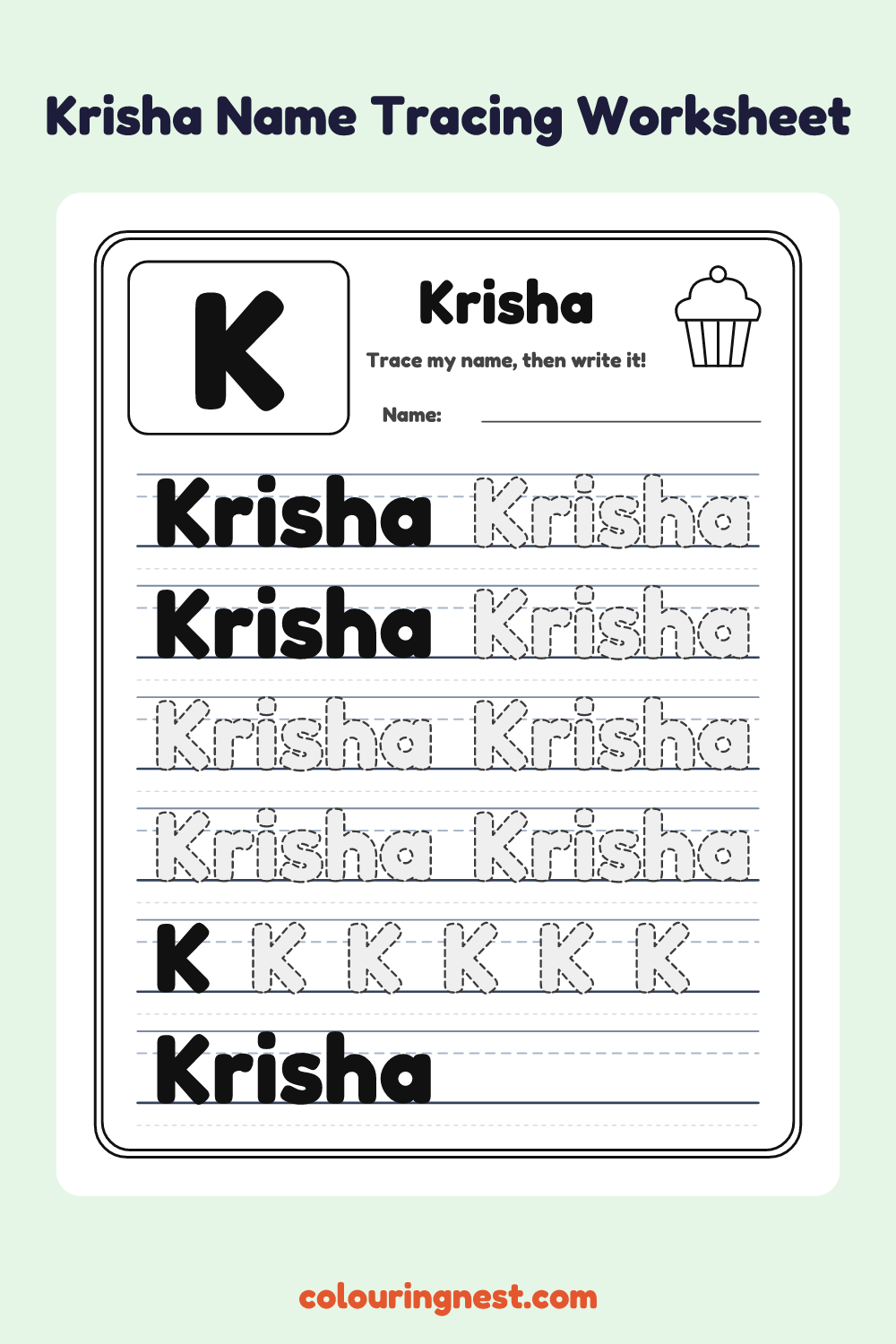 Krisha Name Tracing Worksheet: free printable black-and-white line art