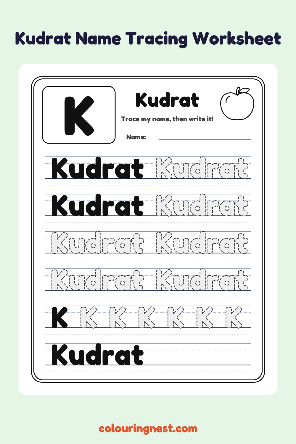 Kudrat Name Tracing Worksheet: free printable black-and-white line art