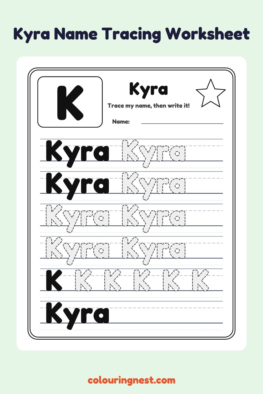 Kyra Name Tracing Worksheet: free printable black-and-white line art