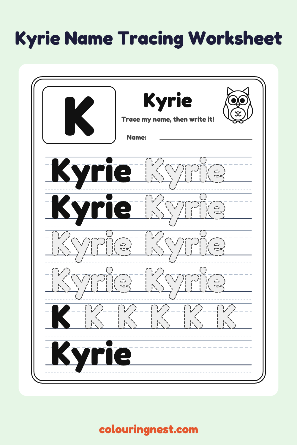 Kyrie Name Tracing Worksheet: free printable black-and-white line art