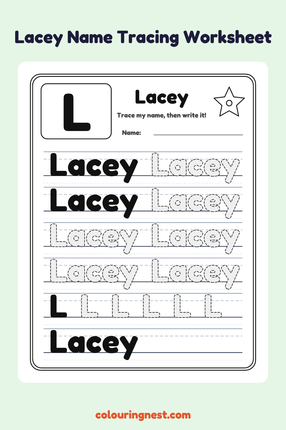 Lacey Name Tracing Worksheet: free printable black-and-white line art