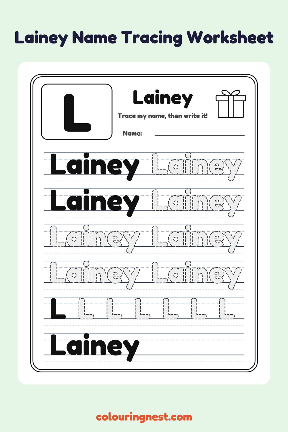 Lainey Name Tracing Worksheet: free printable black-and-white line art