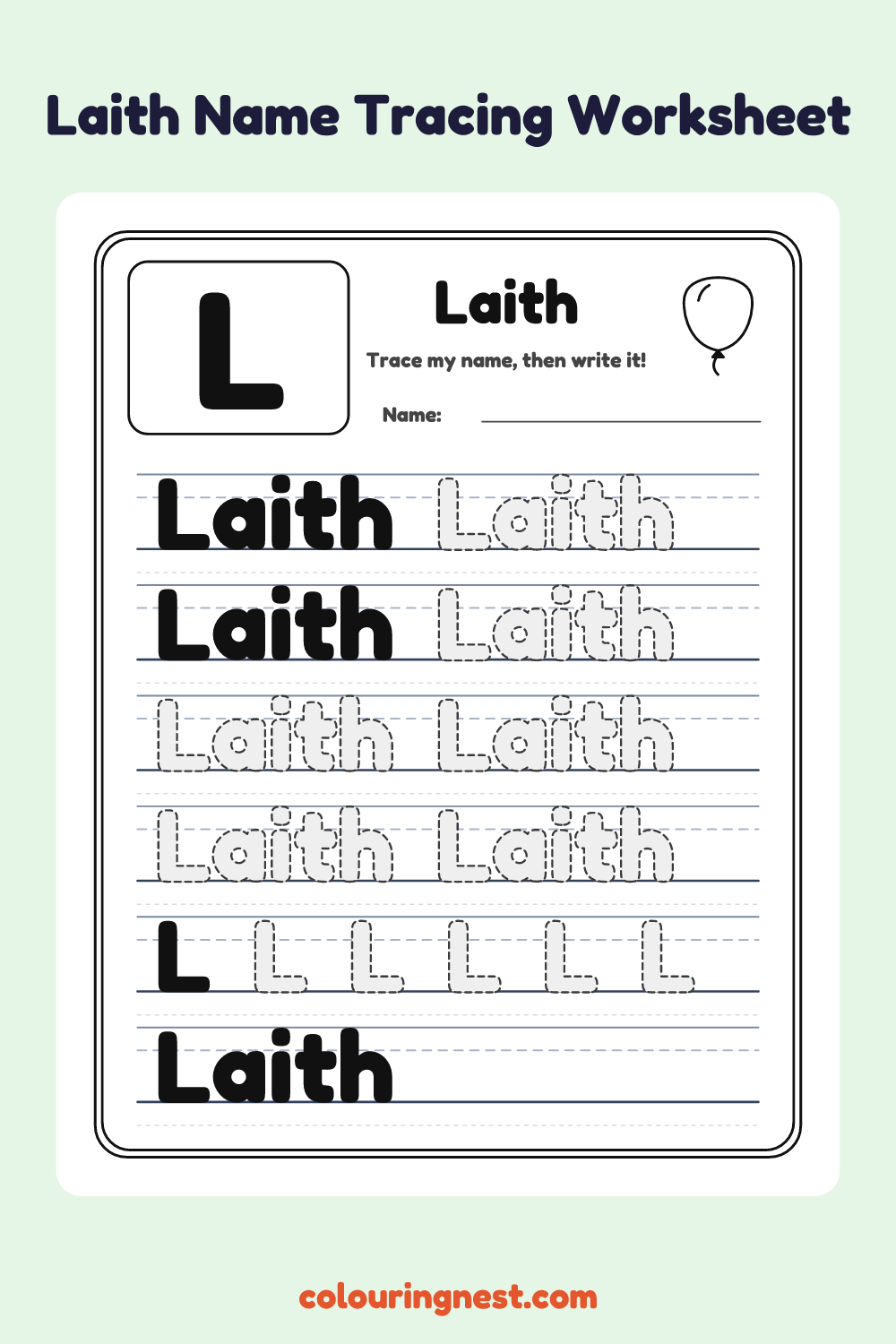 Laith Name Tracing Worksheet: free printable black-and-white line art