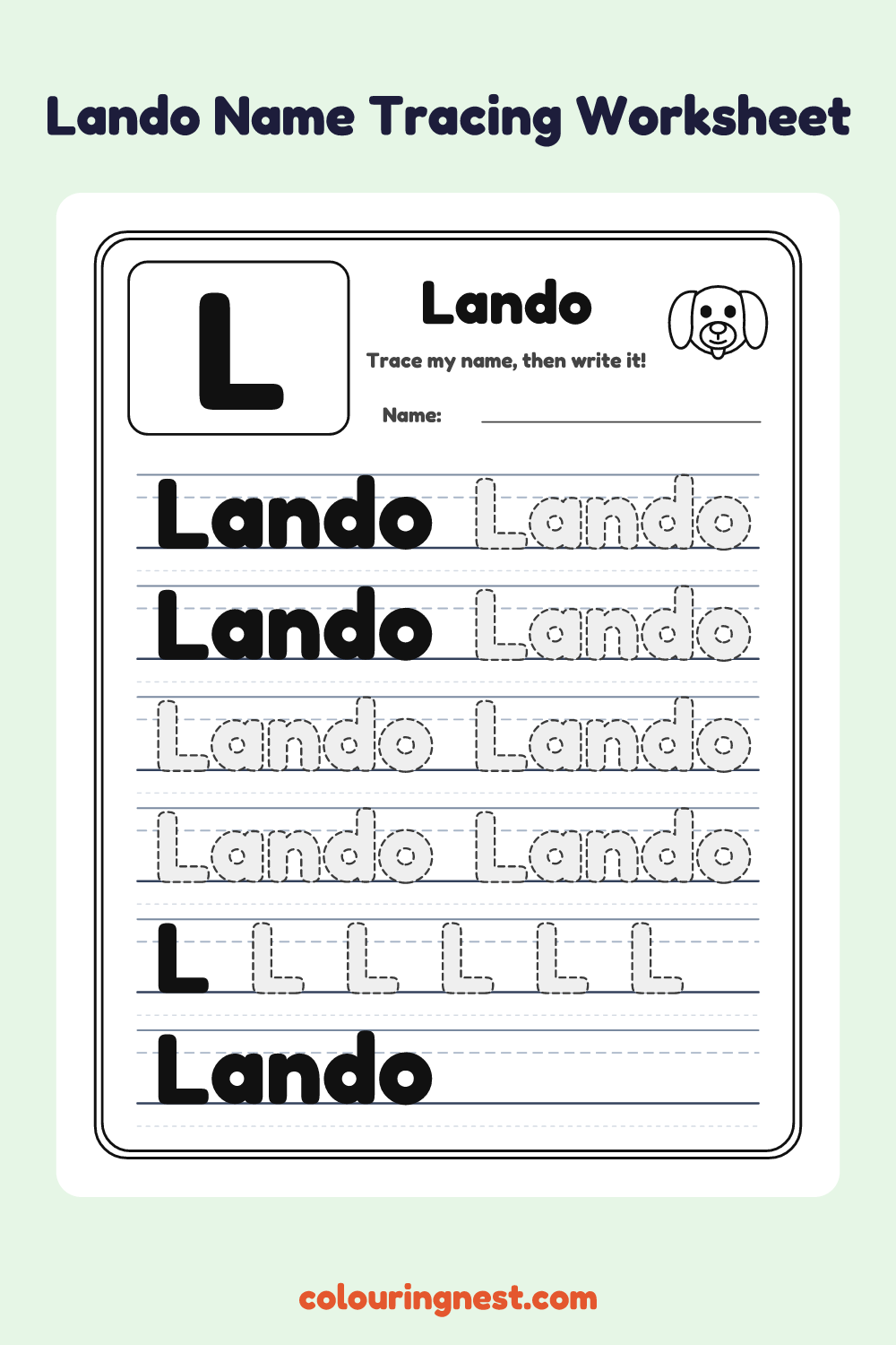 Lando Name Tracing Worksheet: free printable black-and-white line art