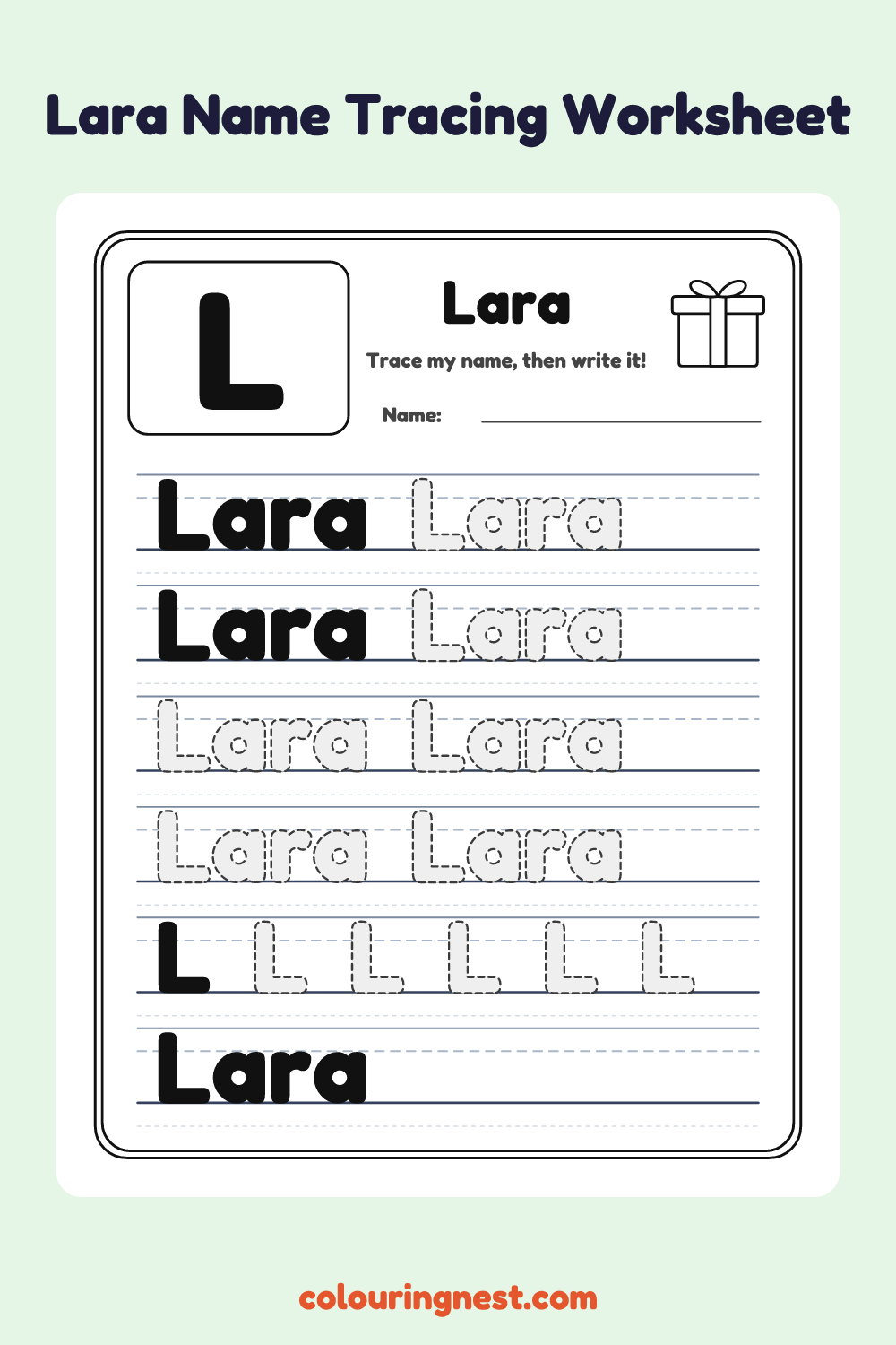 Lara Name Tracing Worksheet: free printable black-and-white line art