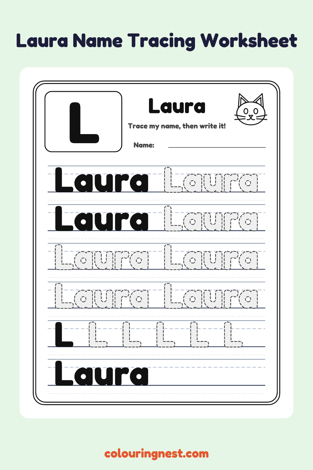Laura Name Tracing Worksheet: free printable black-and-white line art