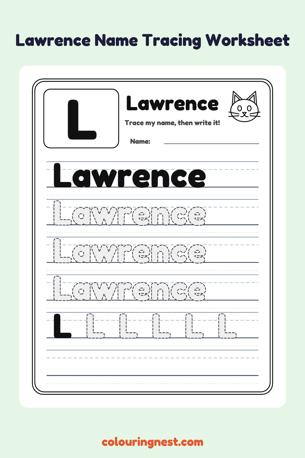Lawrence Name Tracing Worksheet: free printable black-and-white line art