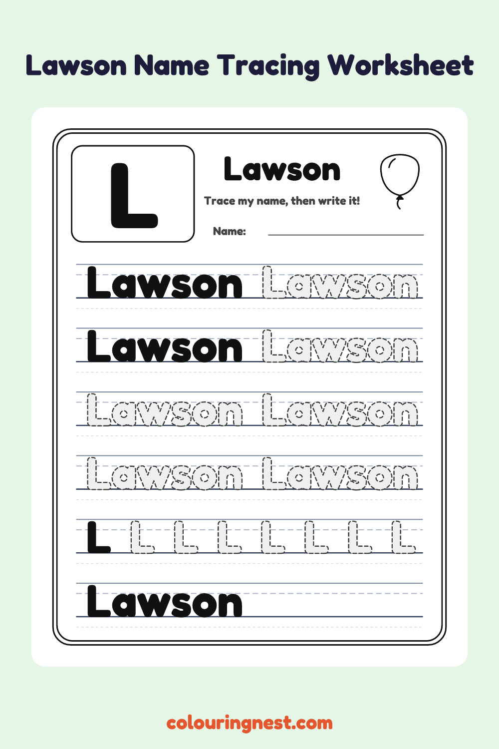 Lawson Name Tracing Worksheet: free printable black-and-white line art