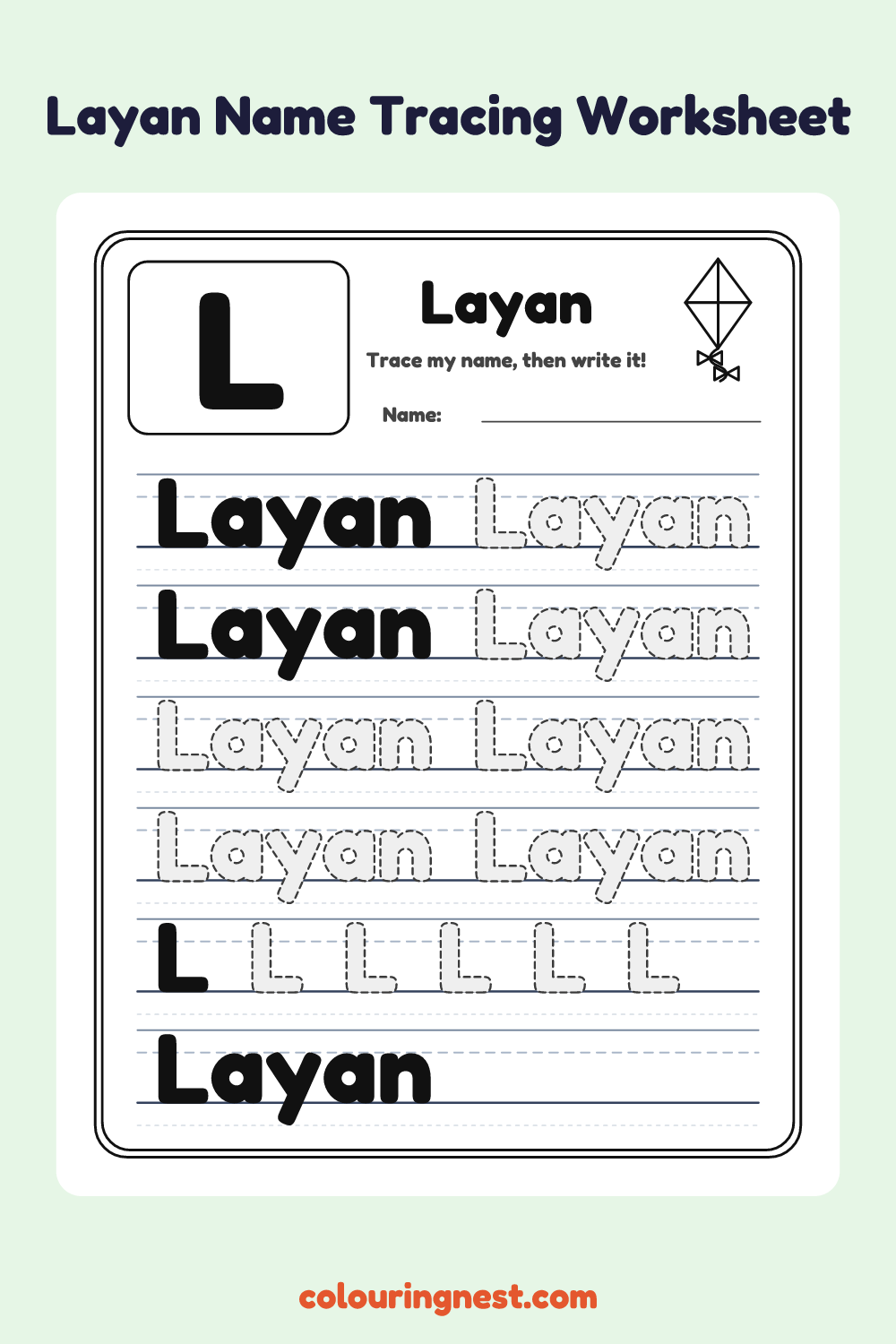 Layan Name Tracing Worksheet: free printable black-and-white line art