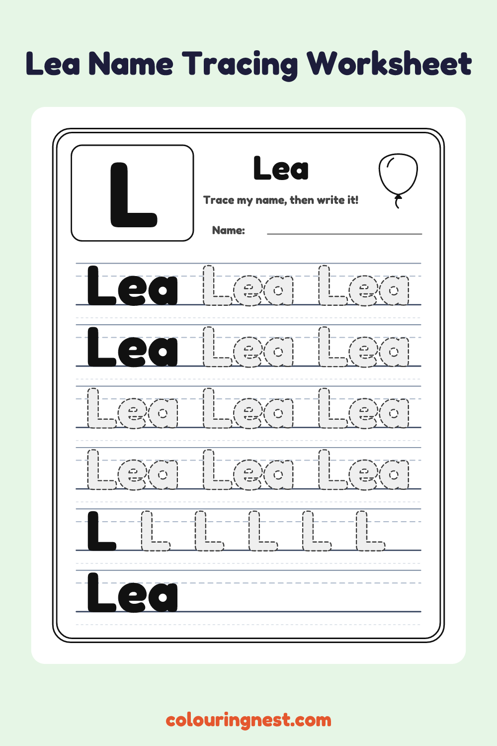 Lea Name Tracing Worksheet: free printable black-and-white line art