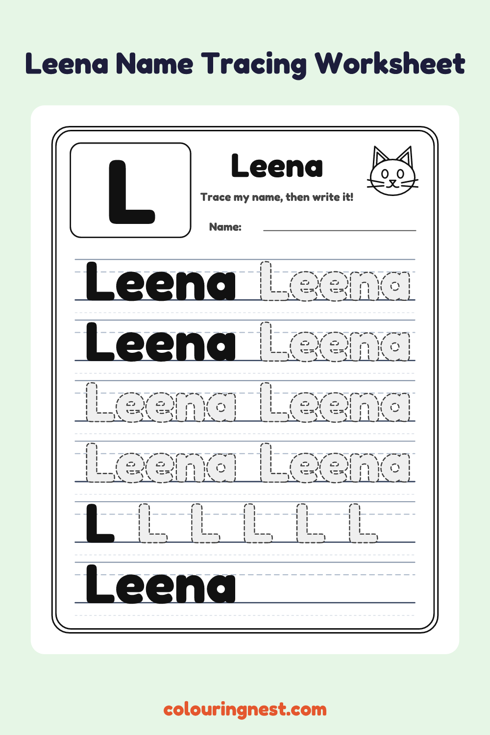 Leena Name Tracing Worksheet: free printable black-and-white line art