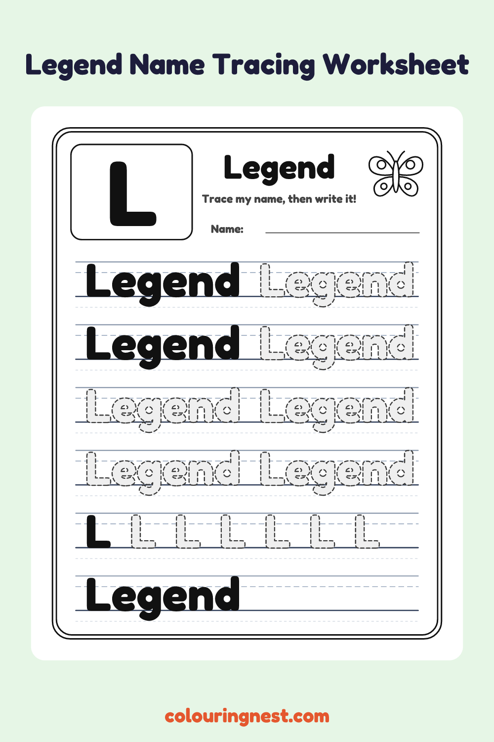 Legend Name Tracing Worksheet: free printable black-and-white line art