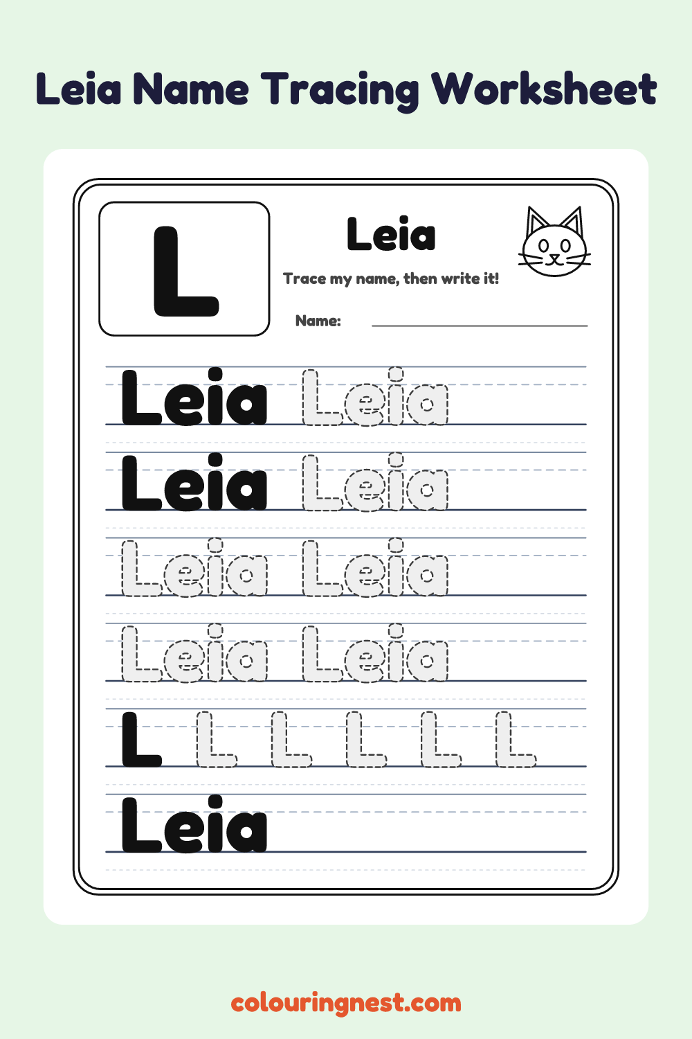 Leia Name Tracing Worksheet: free printable black-and-white line art
