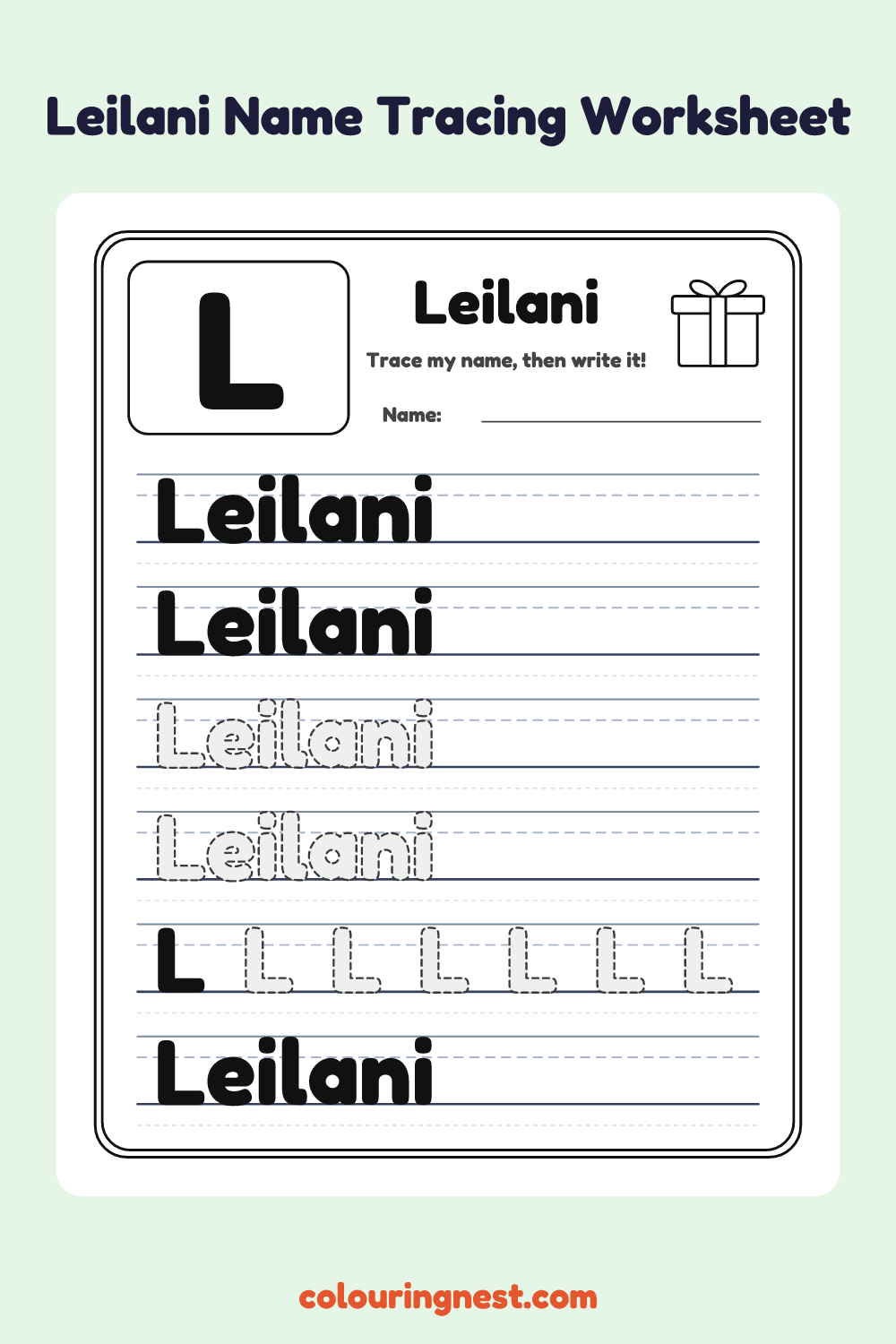Leilani Name Tracing Worksheet: free printable black-and-white line art