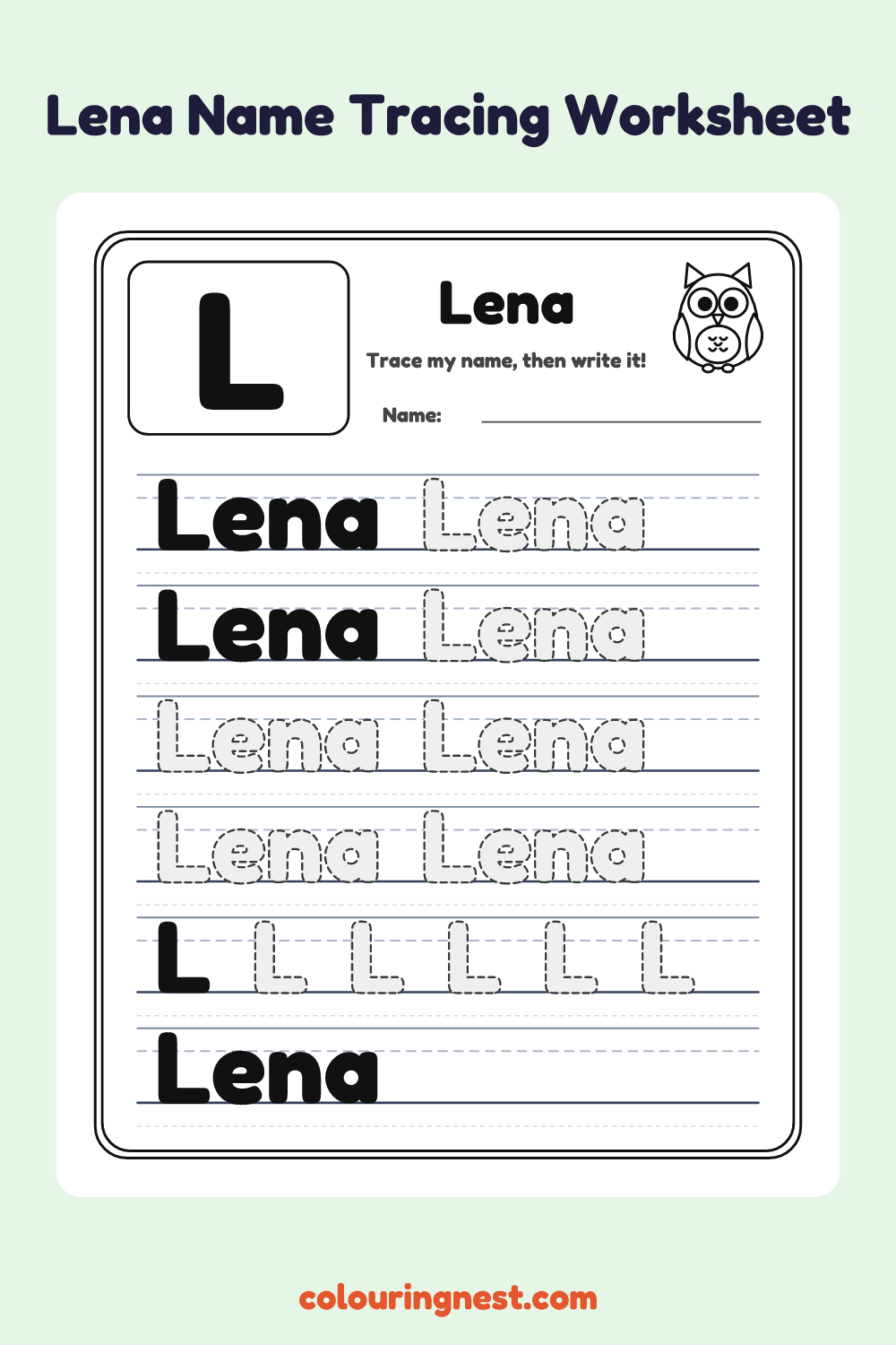 Lena Name Tracing Worksheet: free printable black-and-white line art