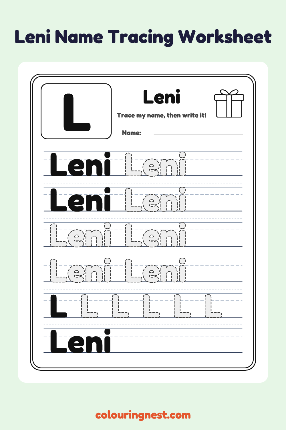 Leni Name Tracing Worksheet: free printable black-and-white line art