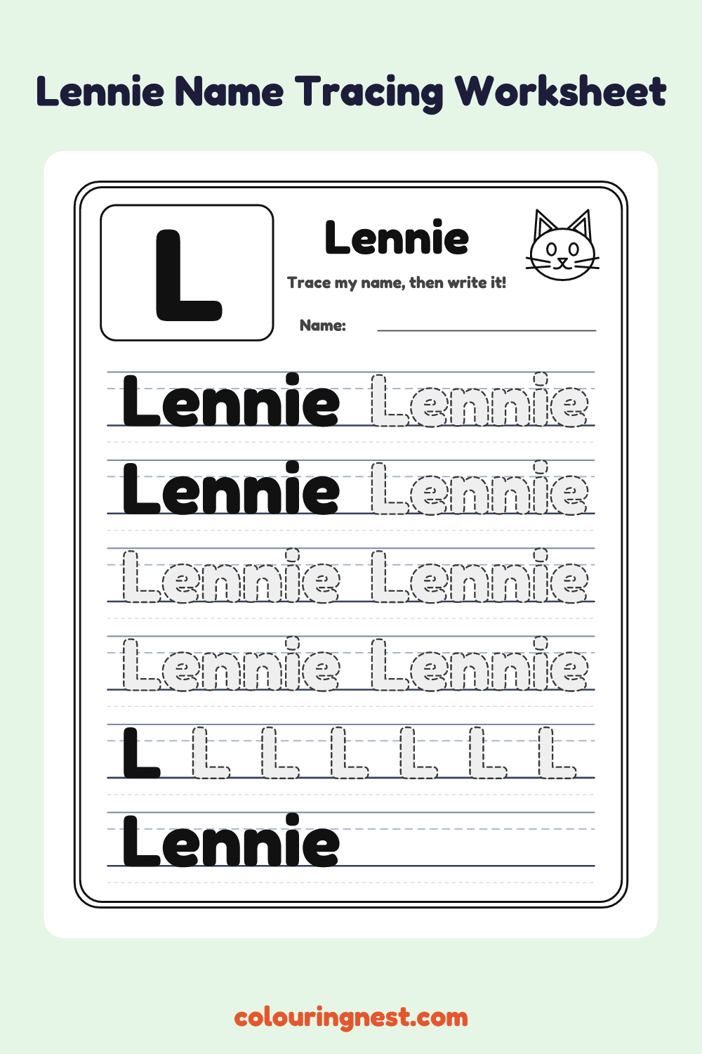 Lennie Name Tracing Worksheet: free printable black-and-white line art