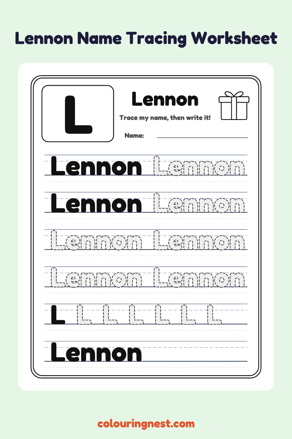 Lennon Name Tracing Worksheet: free printable black-and-white line art
