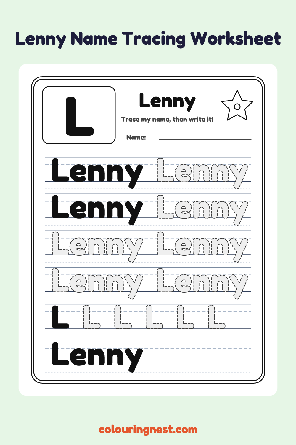 Lenny Name Tracing Worksheet: free printable black-and-white line art