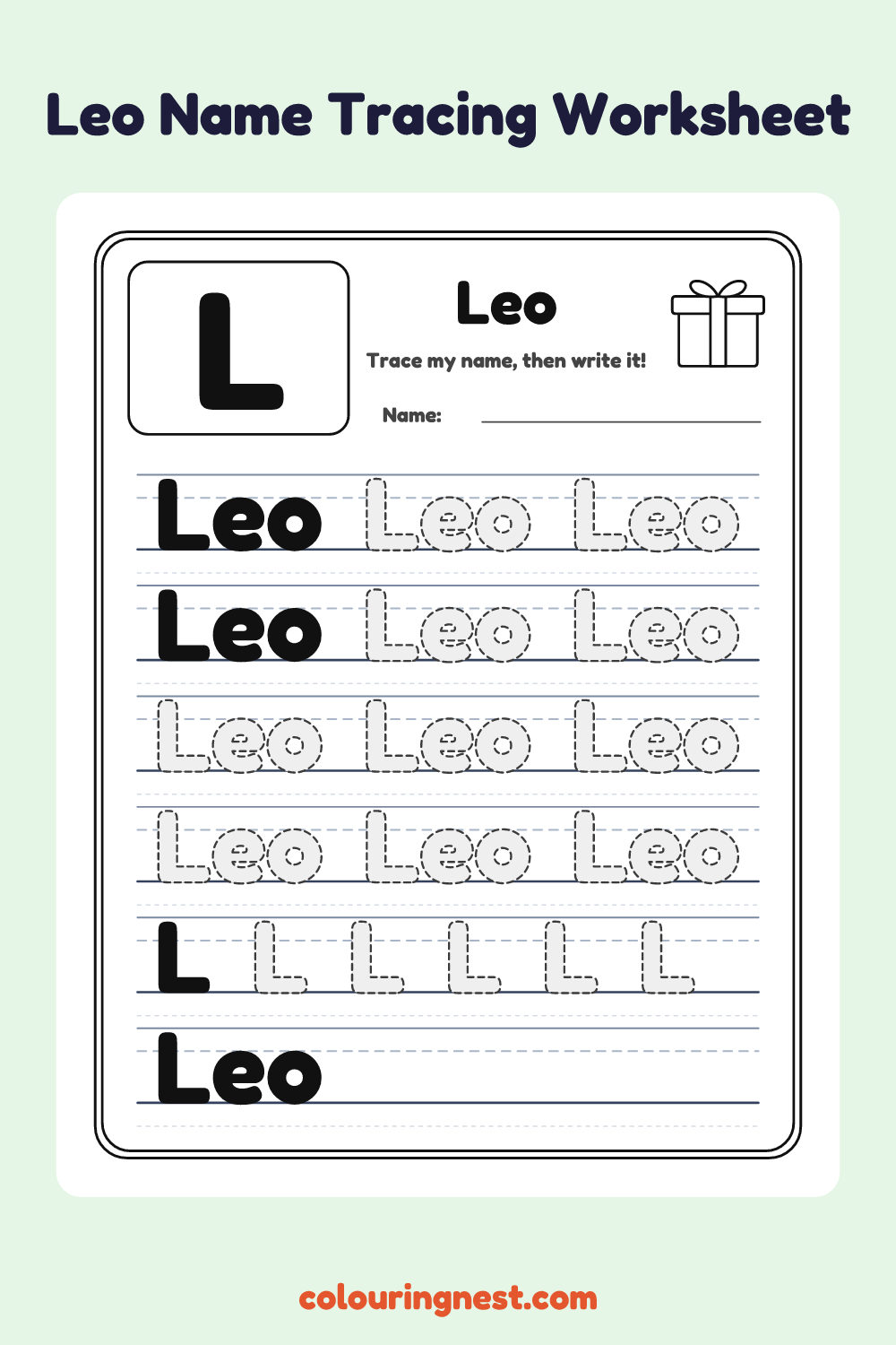Leo Name Tracing Worksheet: free printable black-and-white line art