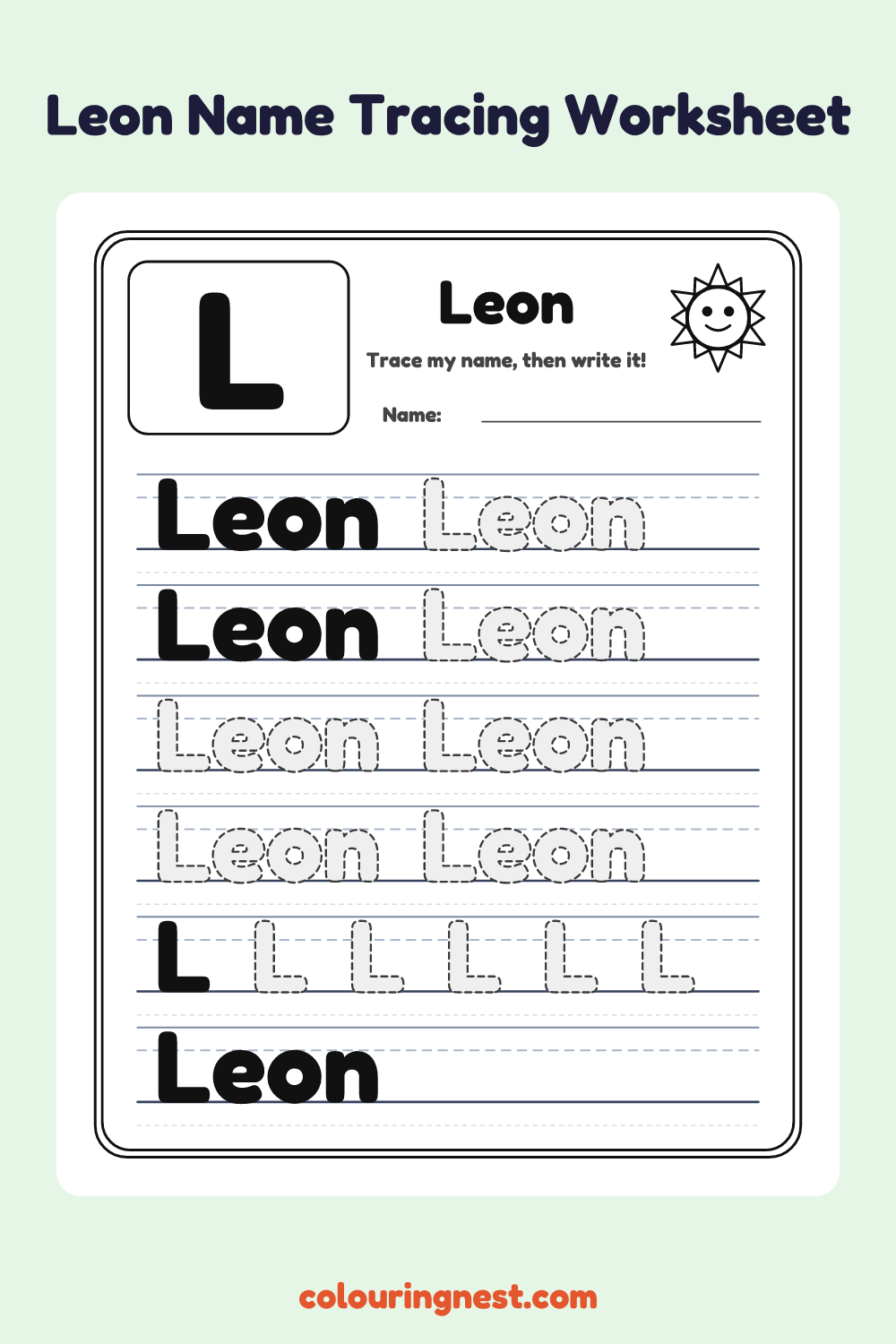 Leon Name Tracing Worksheet: free printable black-and-white line art