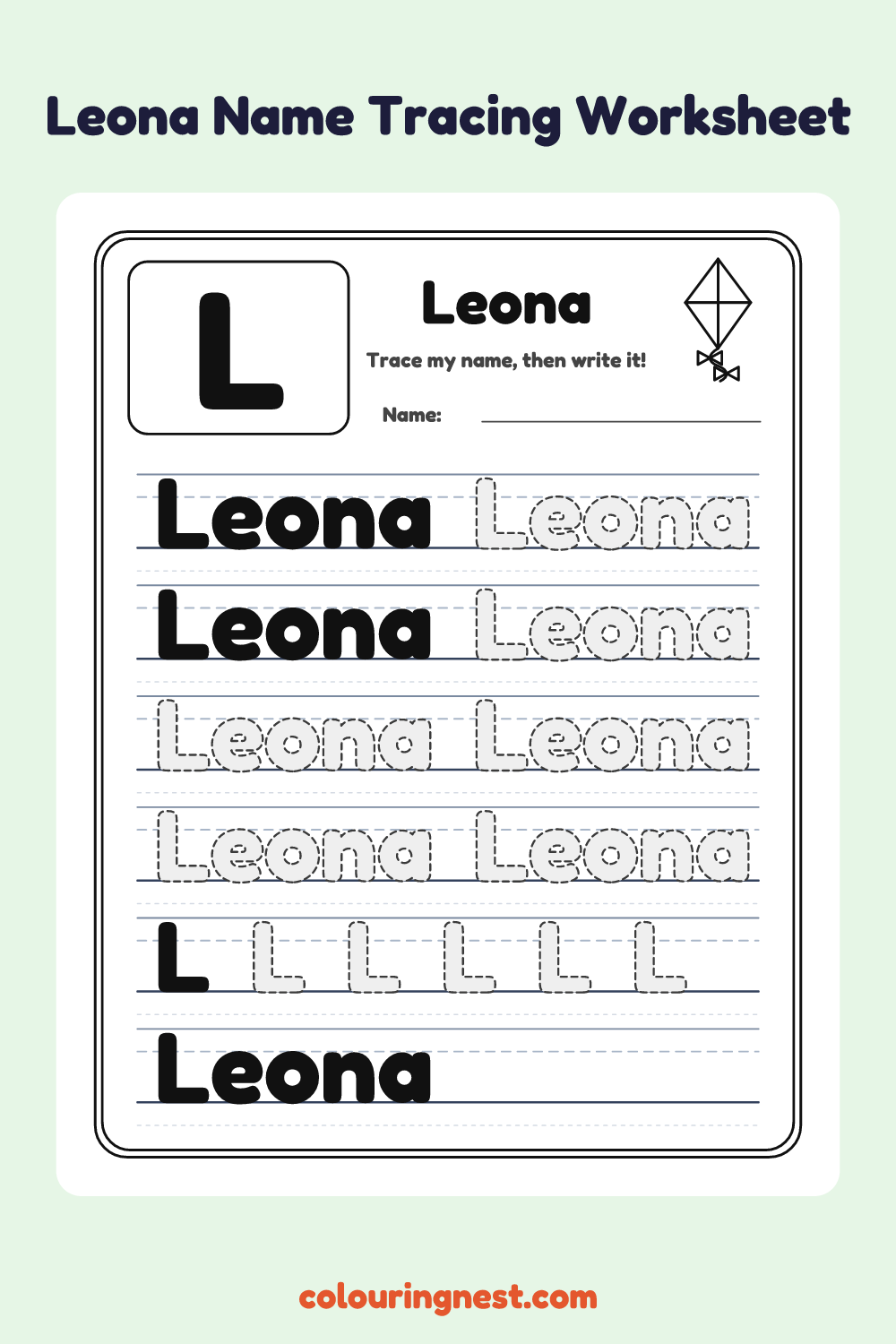 Leona Name Tracing Worksheet: free printable black-and-white line art