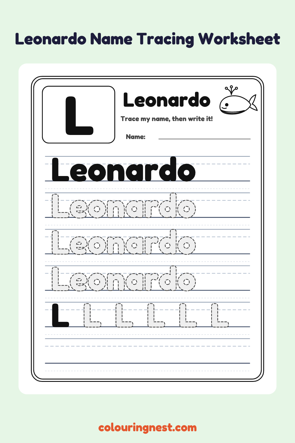 Leonardo Name Tracing Worksheet: free printable black-and-white line art