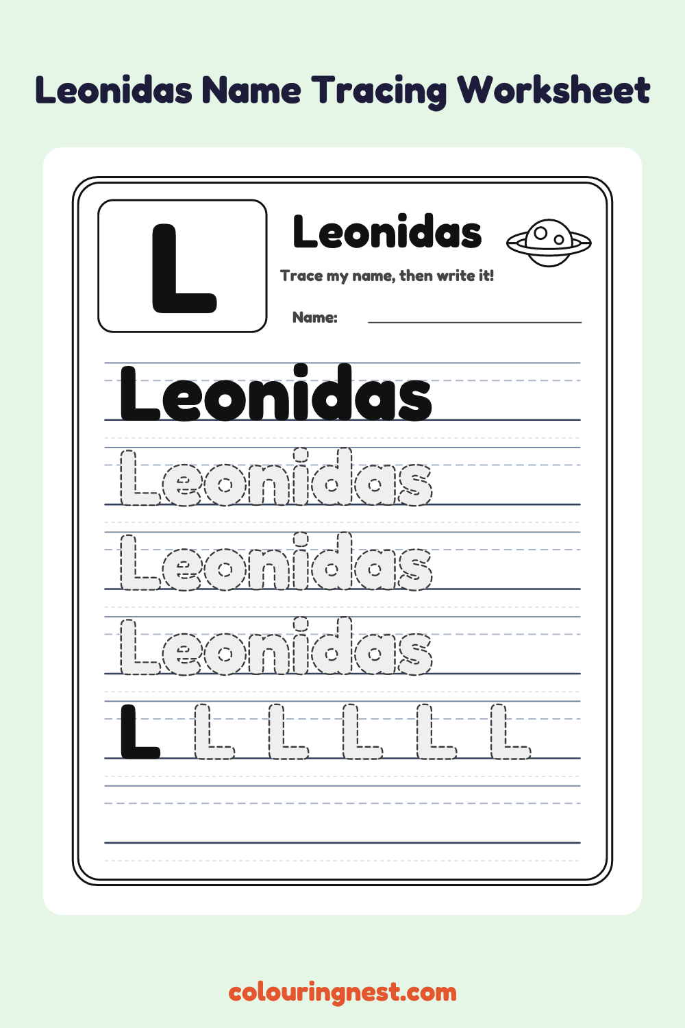 Leonidas Name Tracing Worksheet: free printable black-and-white line art