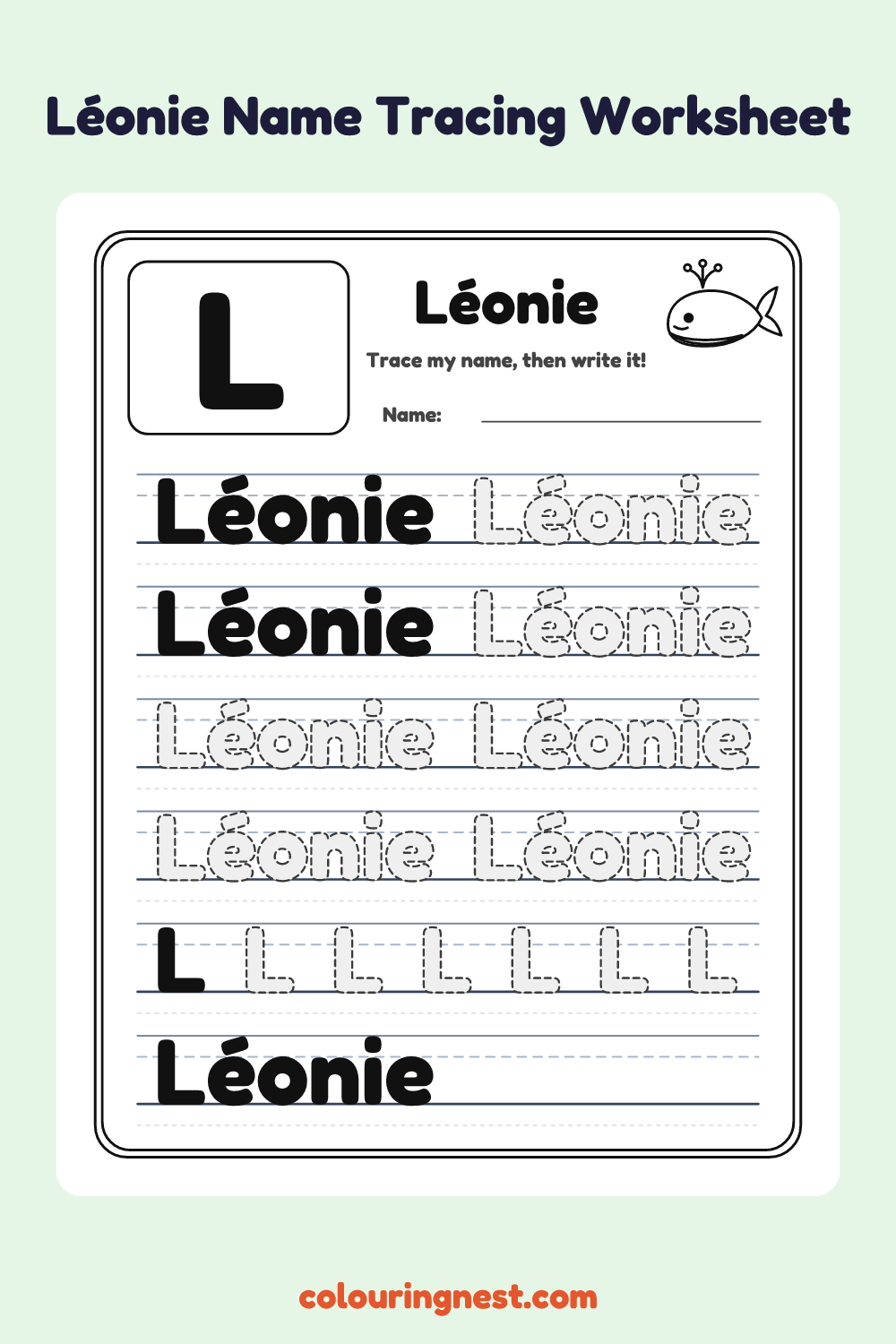 Léonie Name Tracing Worksheet: free printable black-and-white line art