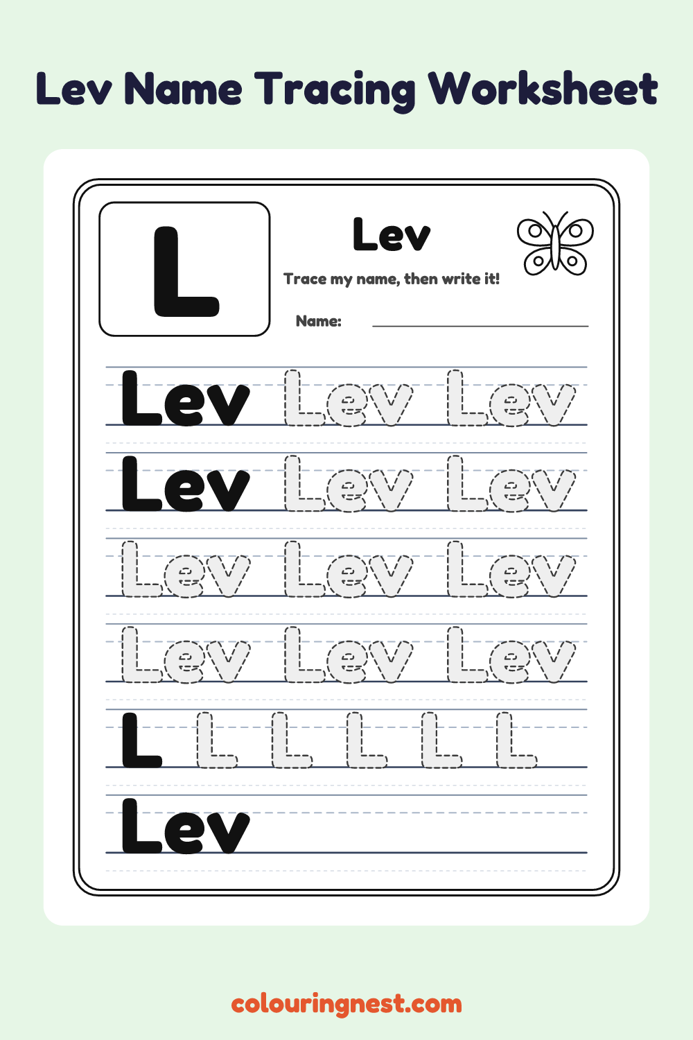 Lev Name Tracing Worksheet: free printable black-and-white line art