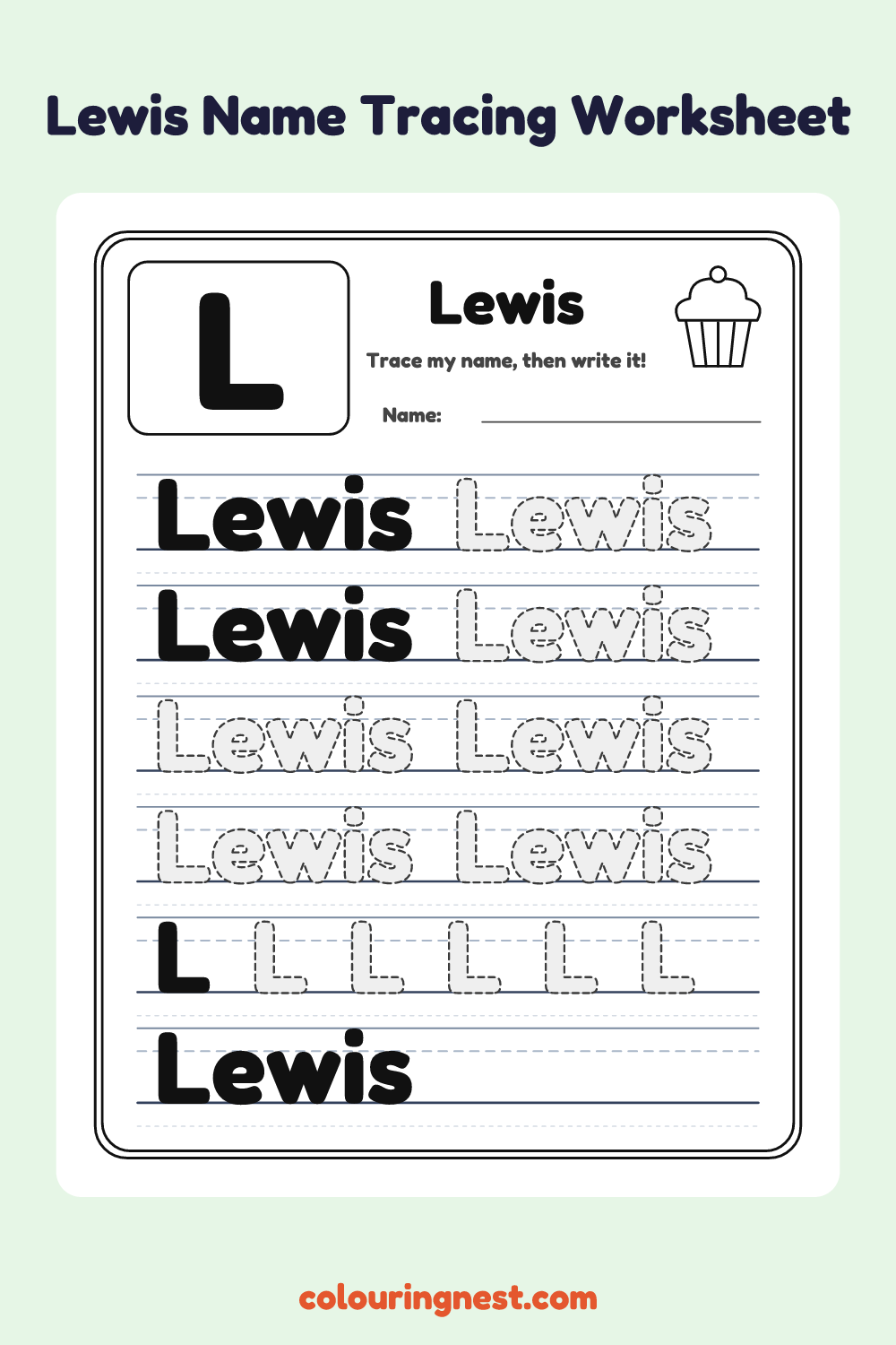 Lewis Name Tracing Worksheet: free printable black-and-white line art