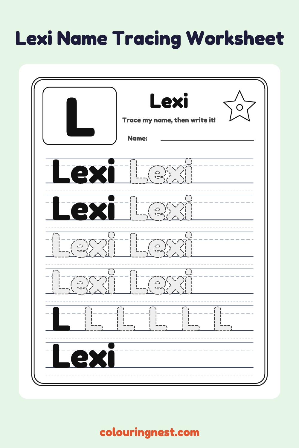Lexi Name Tracing Worksheet: free printable black-and-white line art