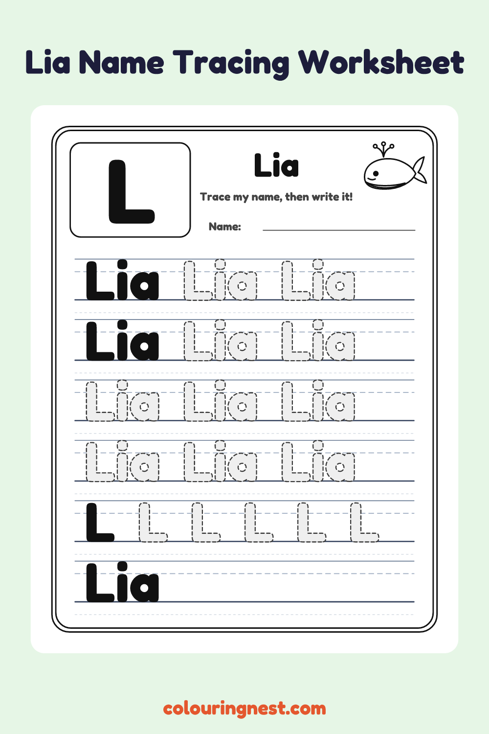 Lia Name Tracing Worksheet: free printable black-and-white line art