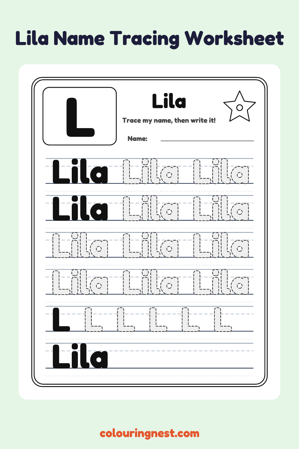 Lila Name Tracing Worksheet: free printable black-and-white line art