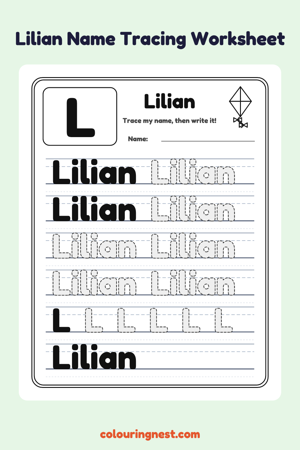 Lilian Name Tracing Worksheet: free printable black-and-white line art