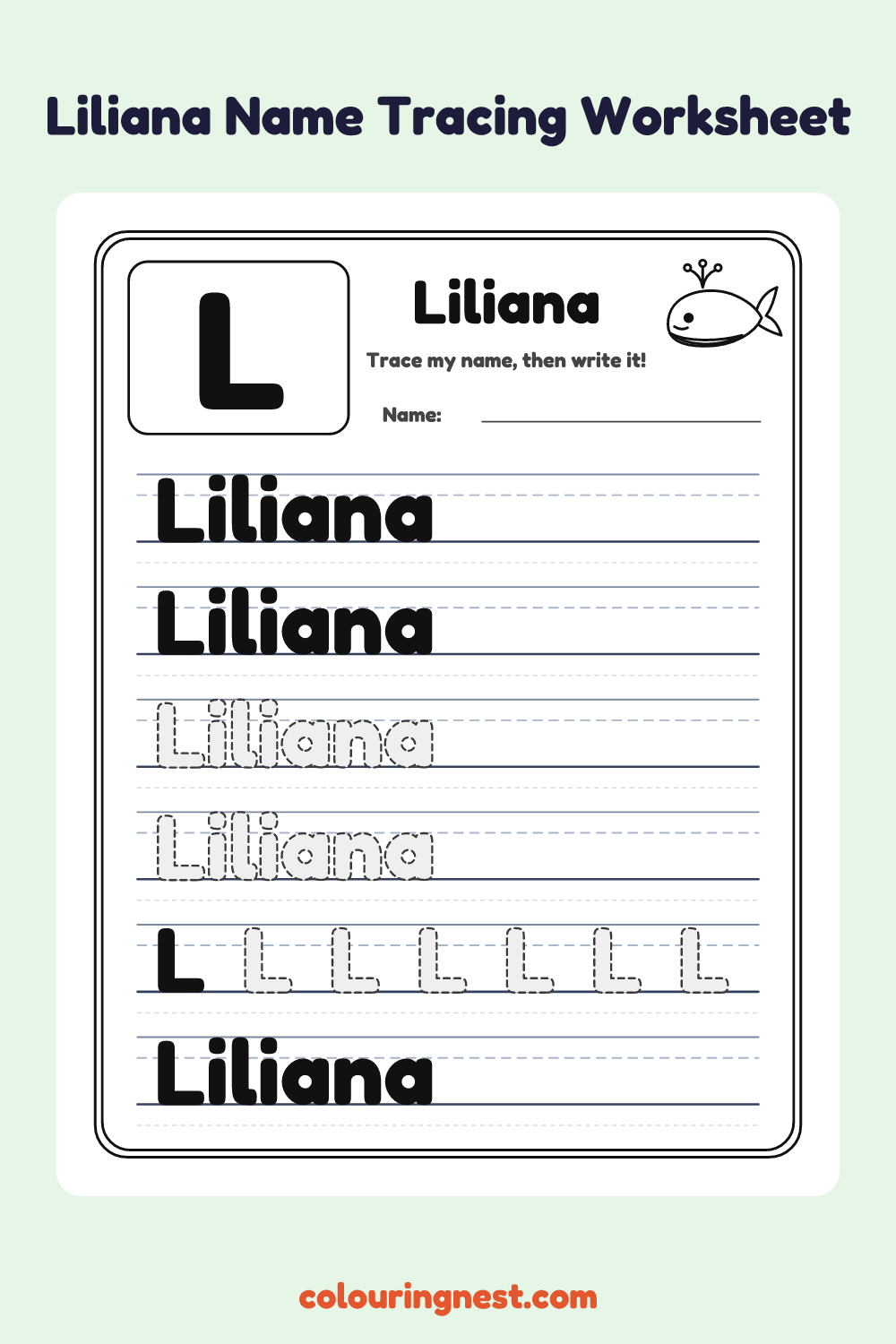 Liliana Name Tracing Worksheet: free printable black-and-white line art