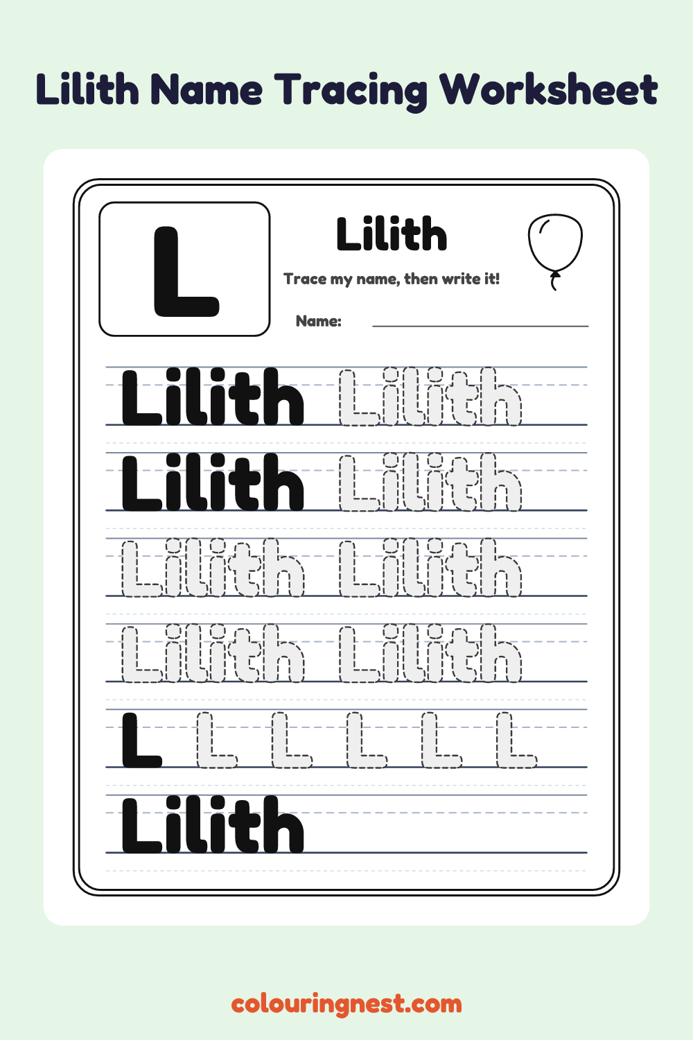 Lilith Name Tracing Worksheet: free printable black-and-white line art