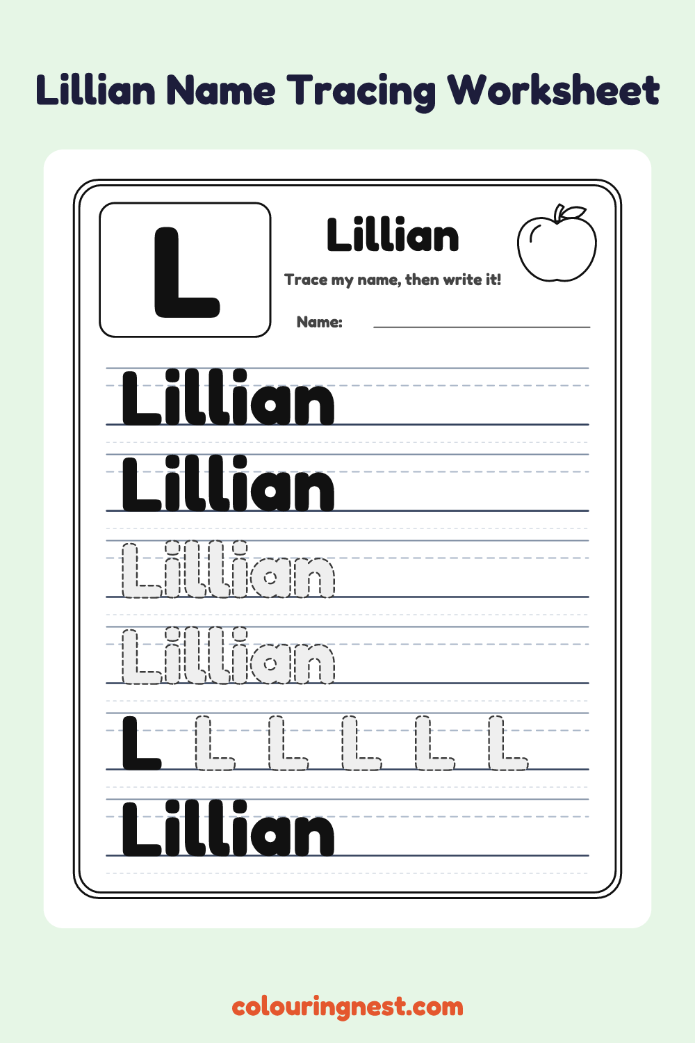 Lillian Name Tracing Worksheet: free printable black-and-white line art