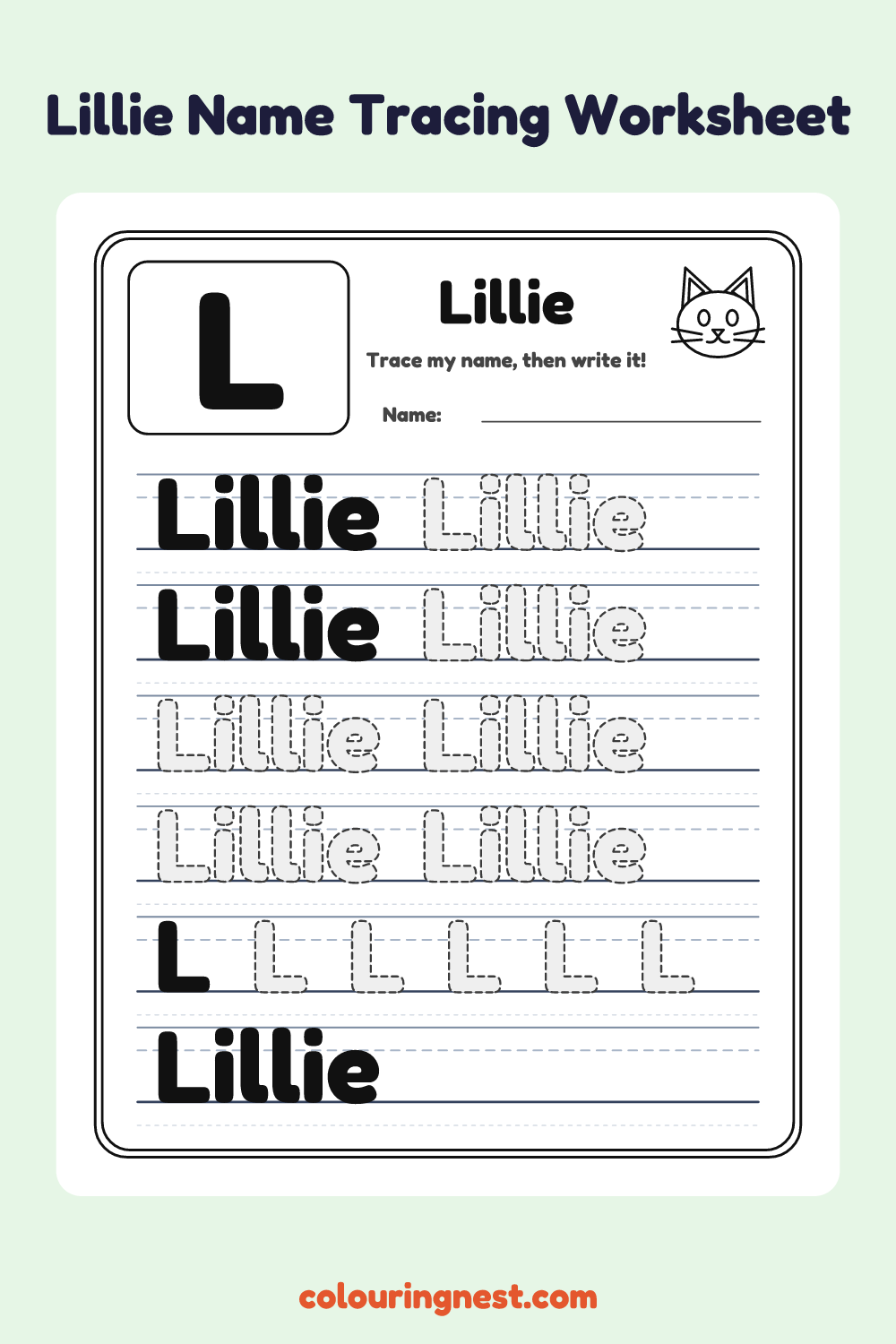 Lillie Name Tracing Worksheet: free printable black-and-white line art