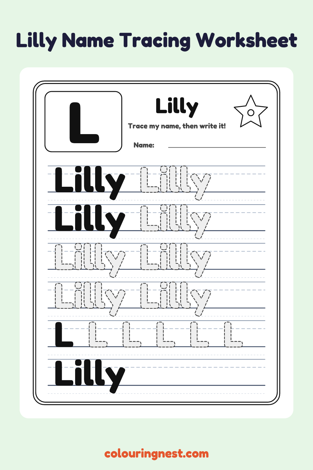 Lilly Name Tracing Worksheet: free printable black-and-white line art
