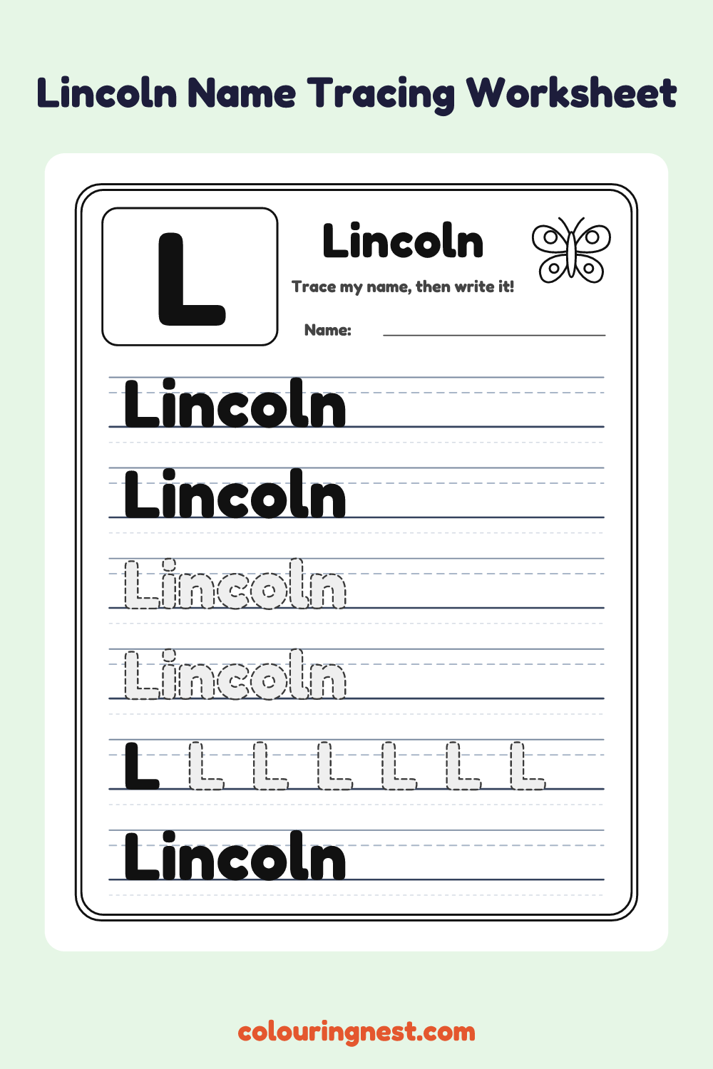 Lincoln Name Tracing Worksheet: free printable black-and-white line art