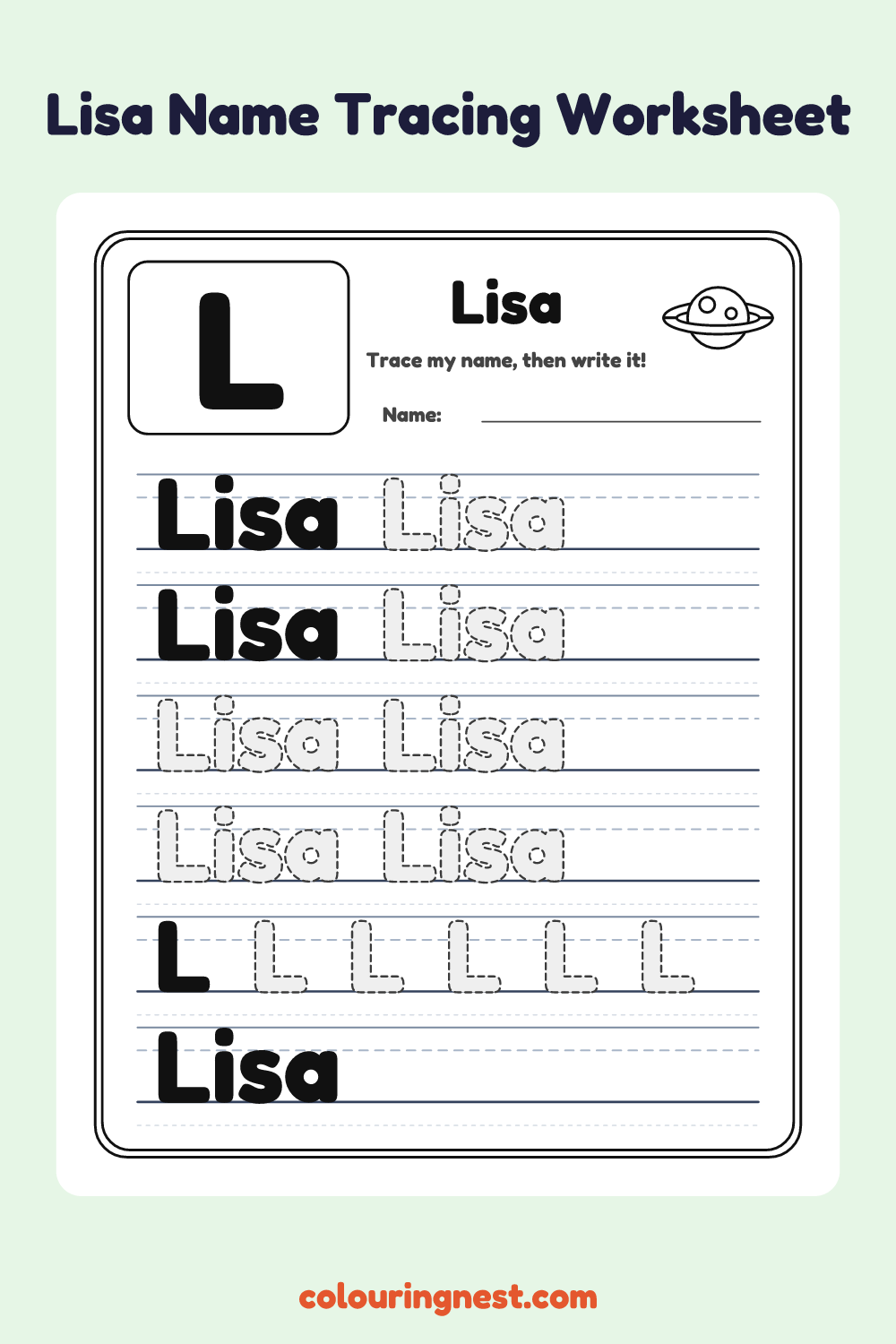 Lisa Name Tracing Worksheet: free printable black-and-white line art