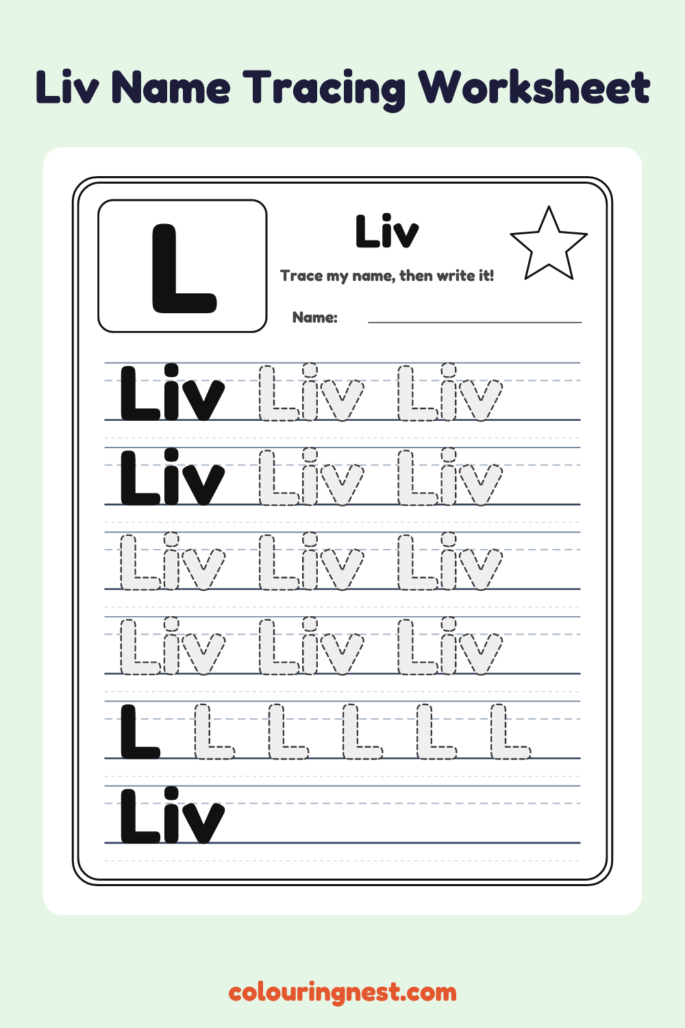 Liv Name Tracing Worksheet: free printable black-and-white line art
