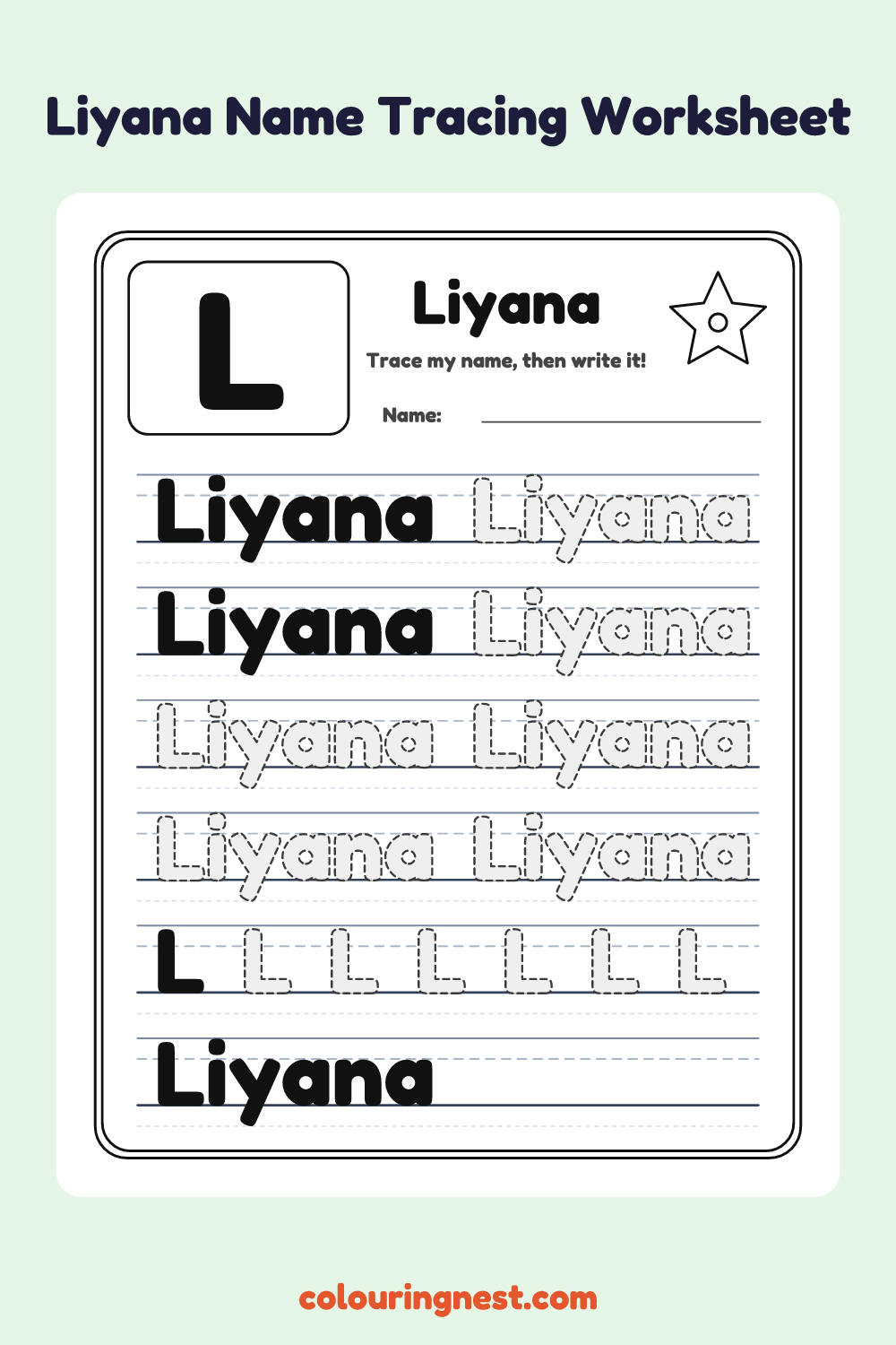Liyana Name Tracing Worksheet: free printable black-and-white line art